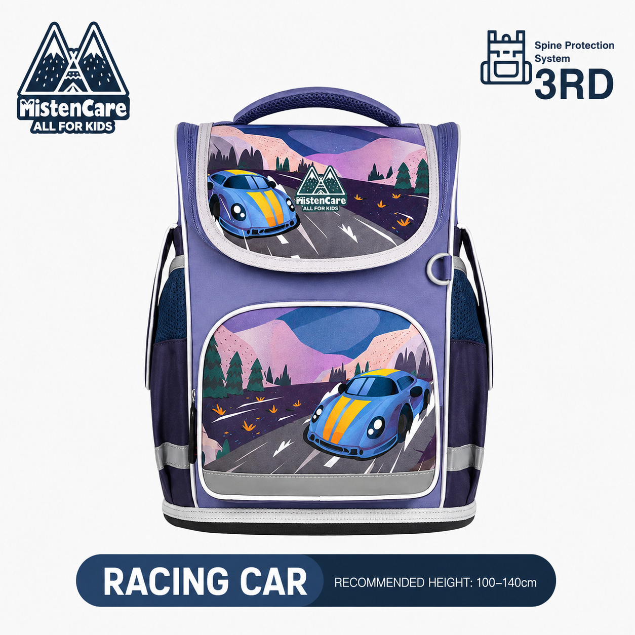 【Mistencare】3rd Generation Zipper Backpack for Grades 1–3, Ergonomic Spine Support, Pressure-Relieving, Ultra-Lightweight, Large-Capacity Primary School Backpack, Colorful Racing Car Design, MS822