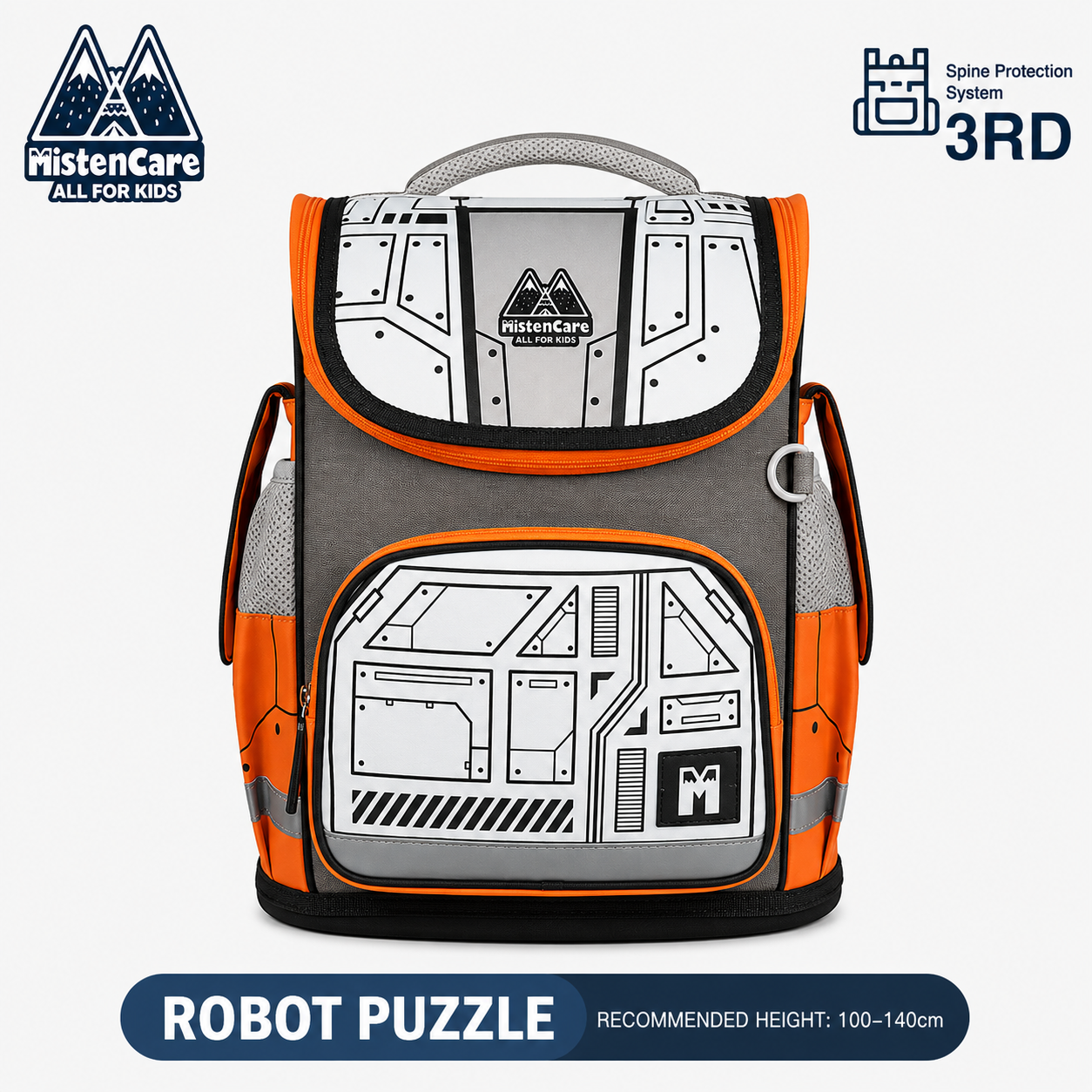 【Mistencare】3rd Generation Zipper Backpack for Grades 1–3, Ergonomic Spine Support, Pressure-Relieving, Ultra-Lightweight, Large-Capacity Primary School Backpack, Future Robot Puzzle Design, MS844