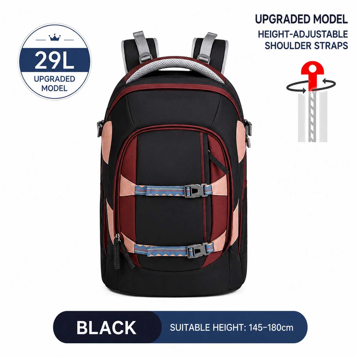 Mistencare Z1131 Upgraded Lightweight Ergonomic School Backpack for Grades 6–9 – Large Capacity, Black
