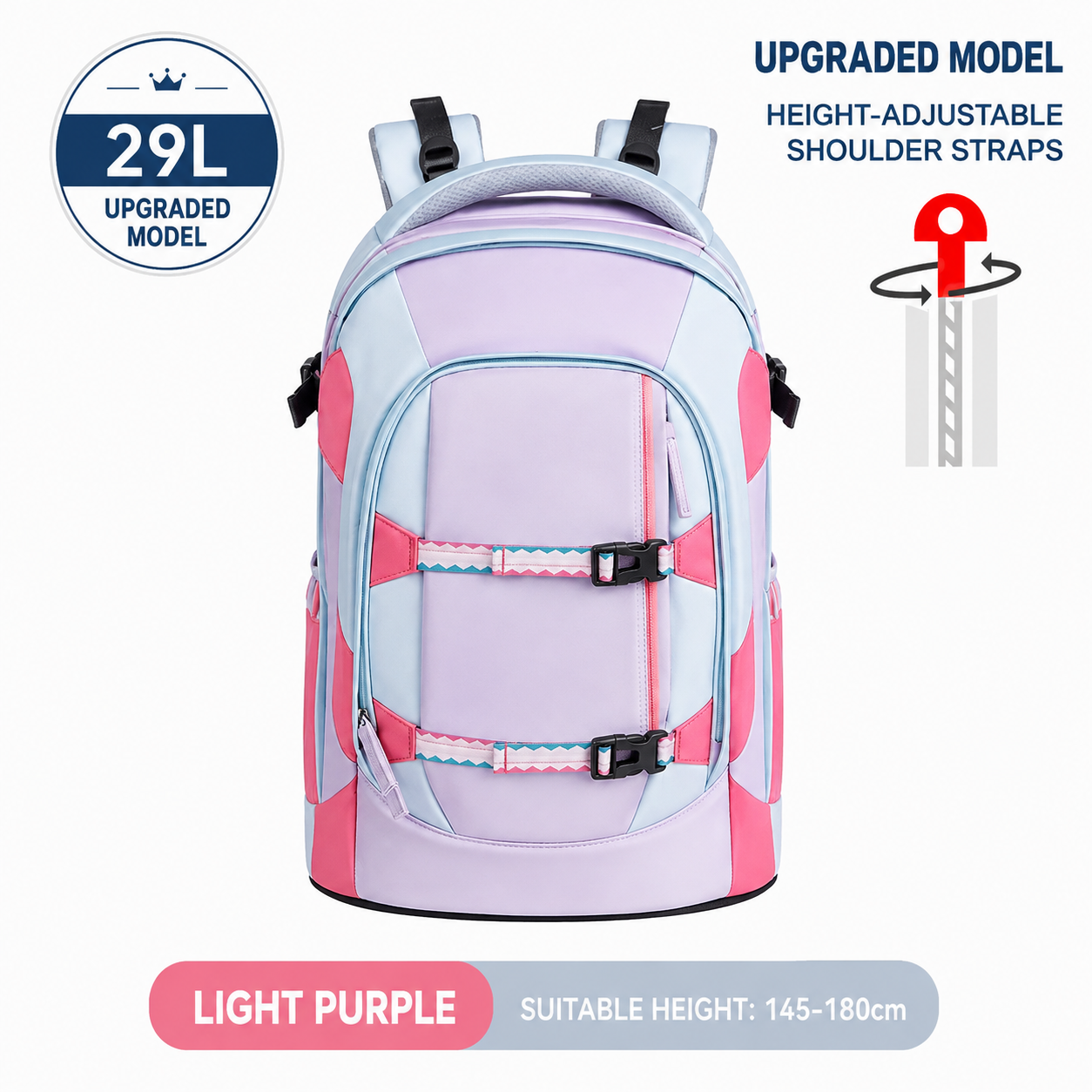 Mistencare Z1210 Upgraded Lightweight Ergonomic School Backpack for Grades 6–9 – Large Capacity, Light Purple