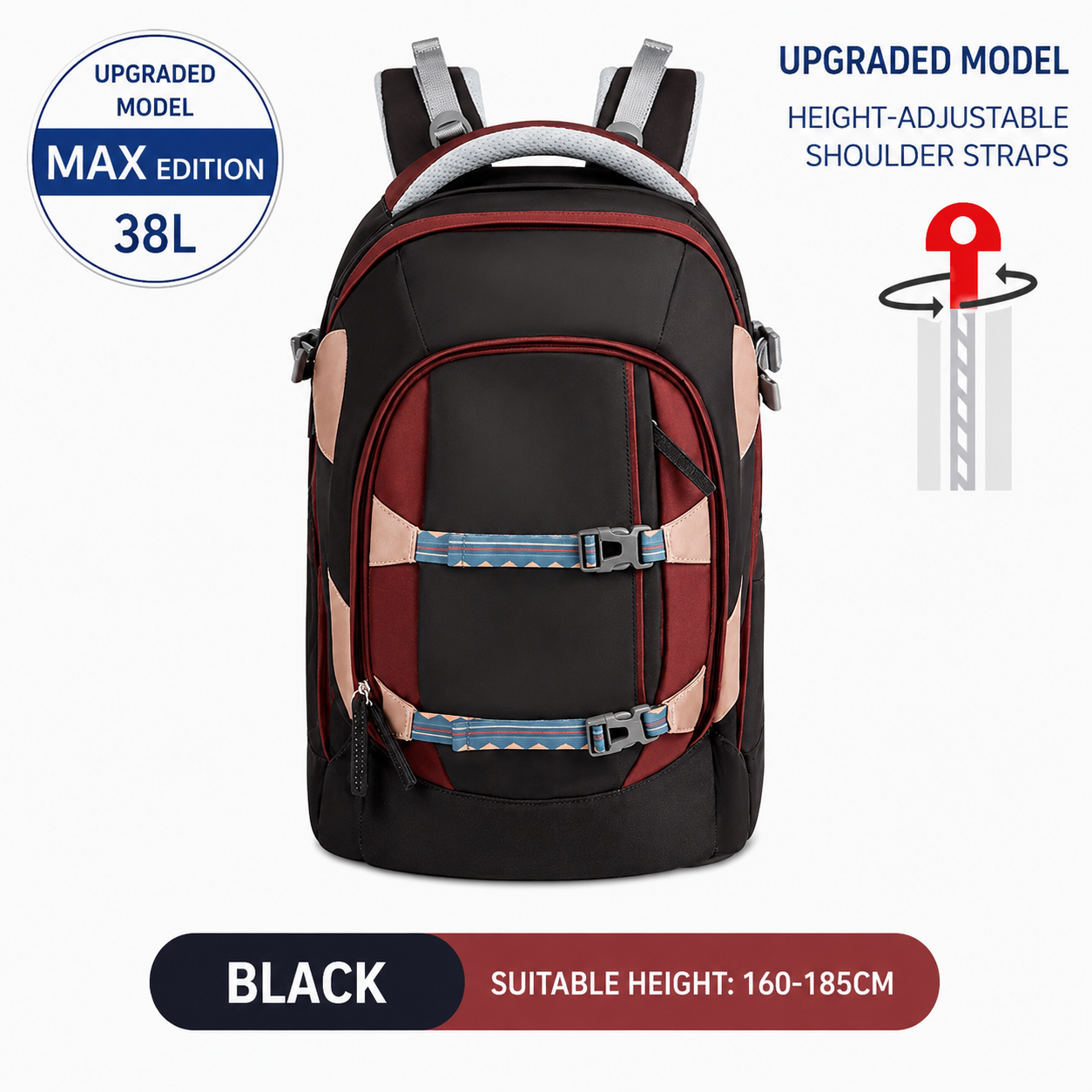 Mistencare Z2131MAX Upgraded MAX Lightweight Ergonomic School Backpack for Middle & High School Students – Large Capacity, Black