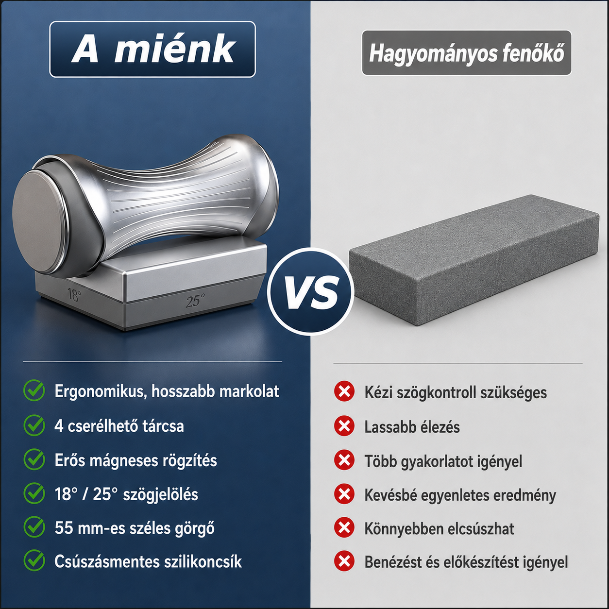 🔪 Mágneses szögvezetős görgős késélező – 4 lépcsős élezés a borotvaéles pengéért🧲