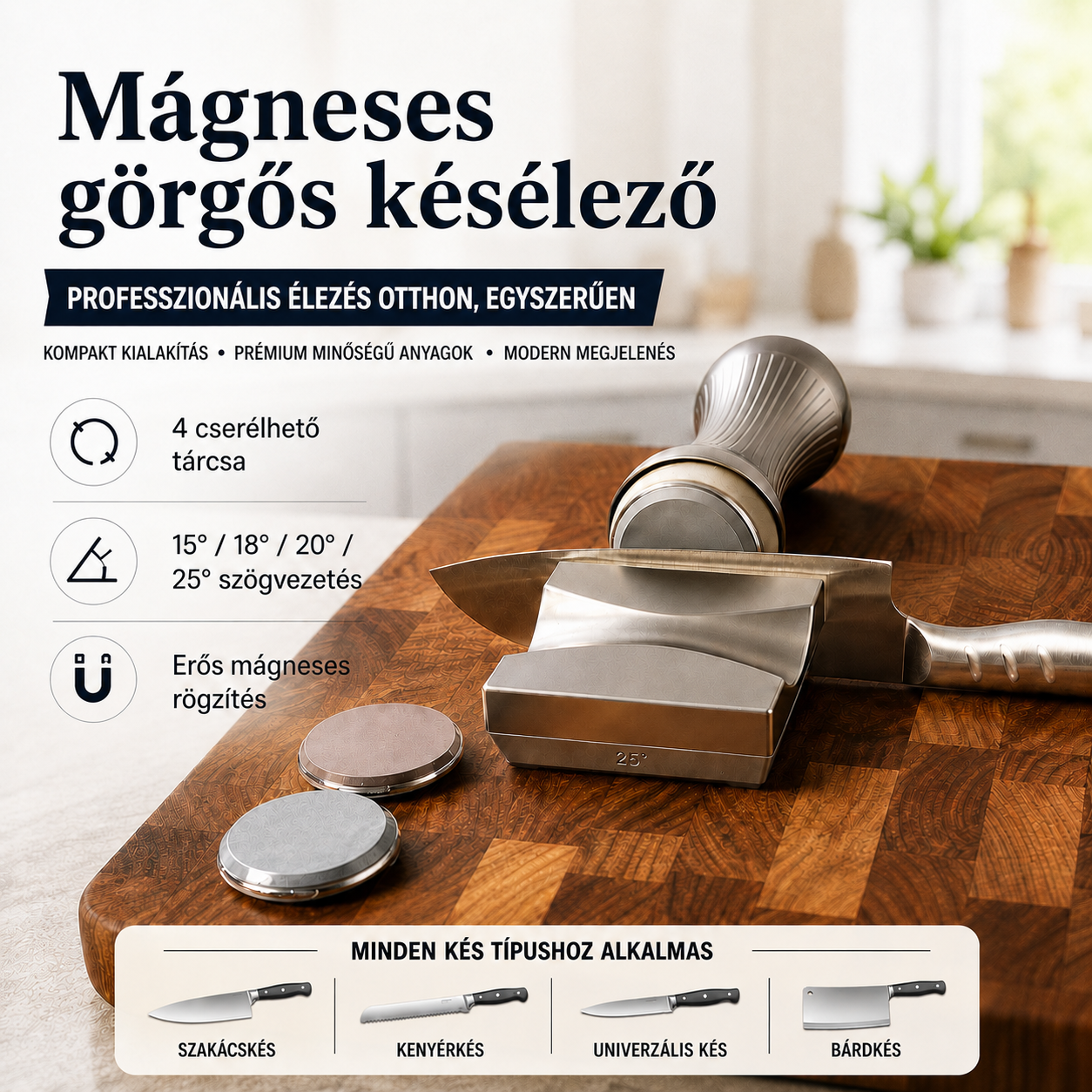 🔪 Mágneses szögvezetős görgős késélező – 4 lépcsős élezés a borotvaéles pengéért🧲