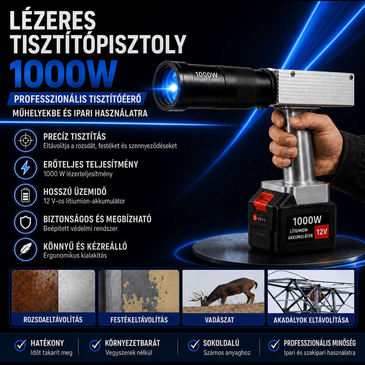 ⚡ 1000 W-os vezeték nélküli lézeres tisztítópisztoly – professzionális megoldás rozsda, festék és makacs szennyeződések eltávolítására