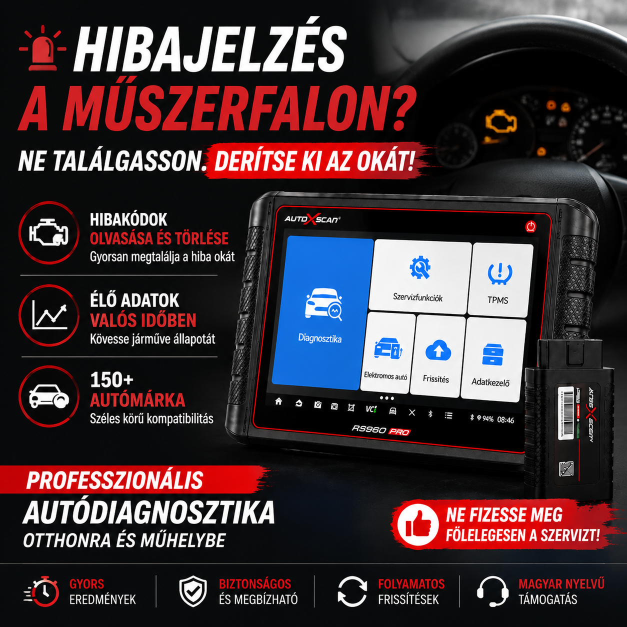 🚗🔧 AUTOXSCAN RS960 PRO – professzionális teljes körű autódiagnosztika, precíz hibaelemzés és TPMS-programozás egyetlen készülékben