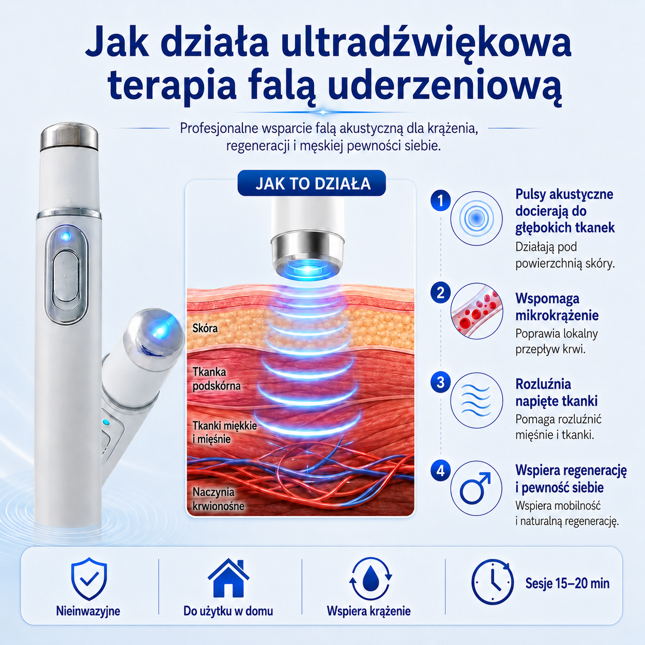 ⚡ Zaawansowana terapia falą uderzeniową wspiera męską sprawność 💪 i pomaga łagodzić ból mięśni, stawów oraz ścięgien 🦵