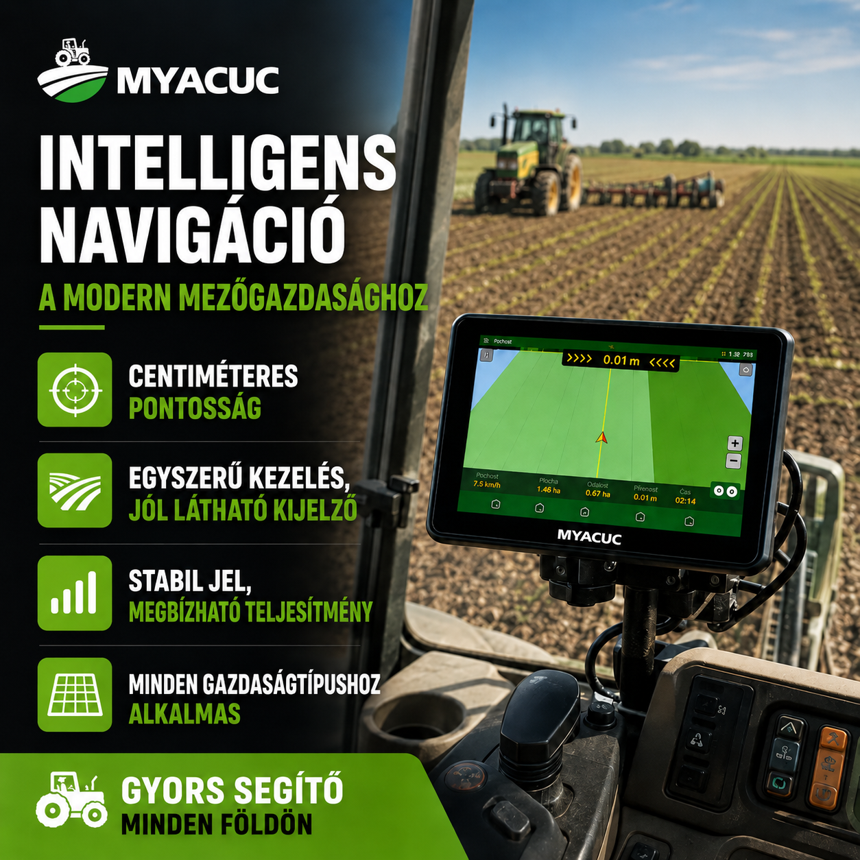 🚜 Dolgozz pontosabban és gyorsabban, csökkentve a felesleges utakat! 🛰️ A MYACUC intelligens navigációs rendszer pontosan irányítja a mezőgazdasági gépeket a kijelölt útvonalakon, így a napi gazdálkodás hatékonyabb, egyszerűbb és könnyebb.