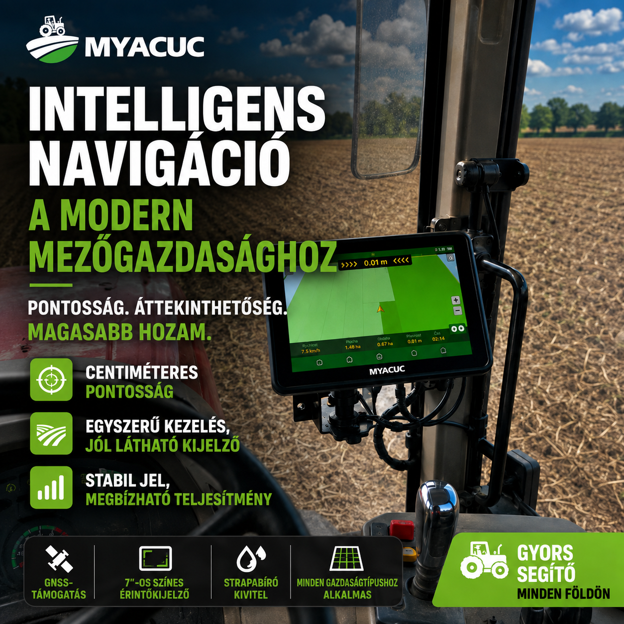 🚜 Dolgozz pontosabban és gyorsabban, csökkentve a felesleges utakat! 🛰️ A MYACUC intelligens navigációs rendszer pontosan irányítja a mezőgazdasági gépeket a kijelölt útvonalakon, így a napi gazdálkodás hatékonyabb, egyszerűbb és könnyebb.