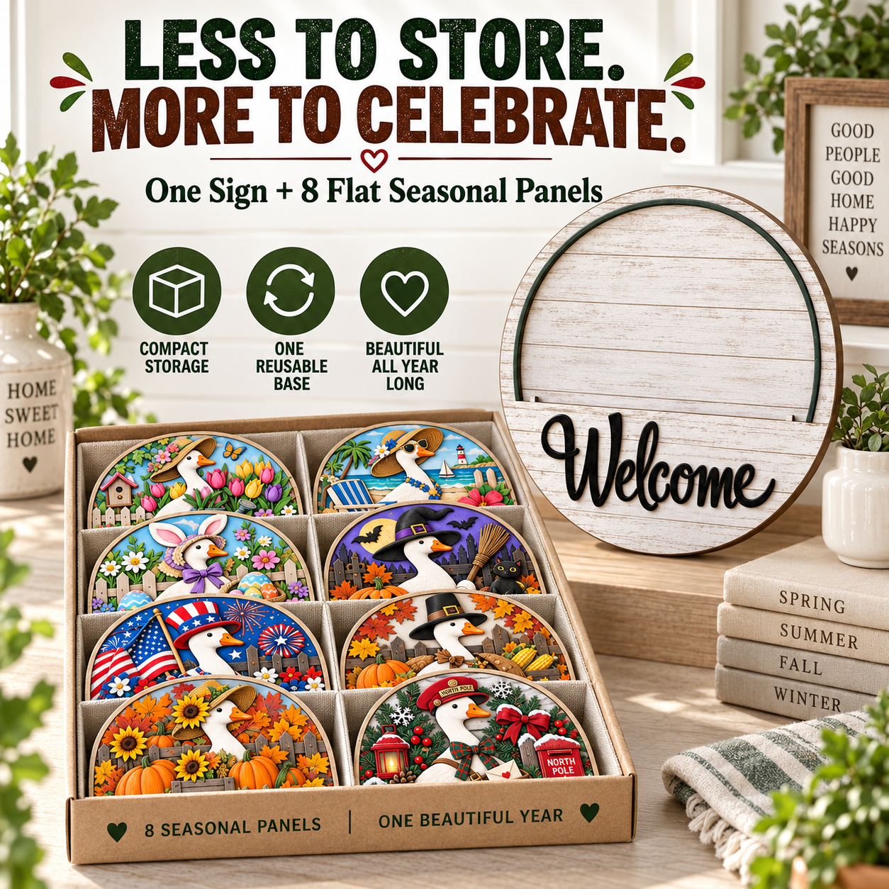 Interchangeable Seasonal Goose Welcome Door Sign – 8 Designs for Year-Round Porch Décor