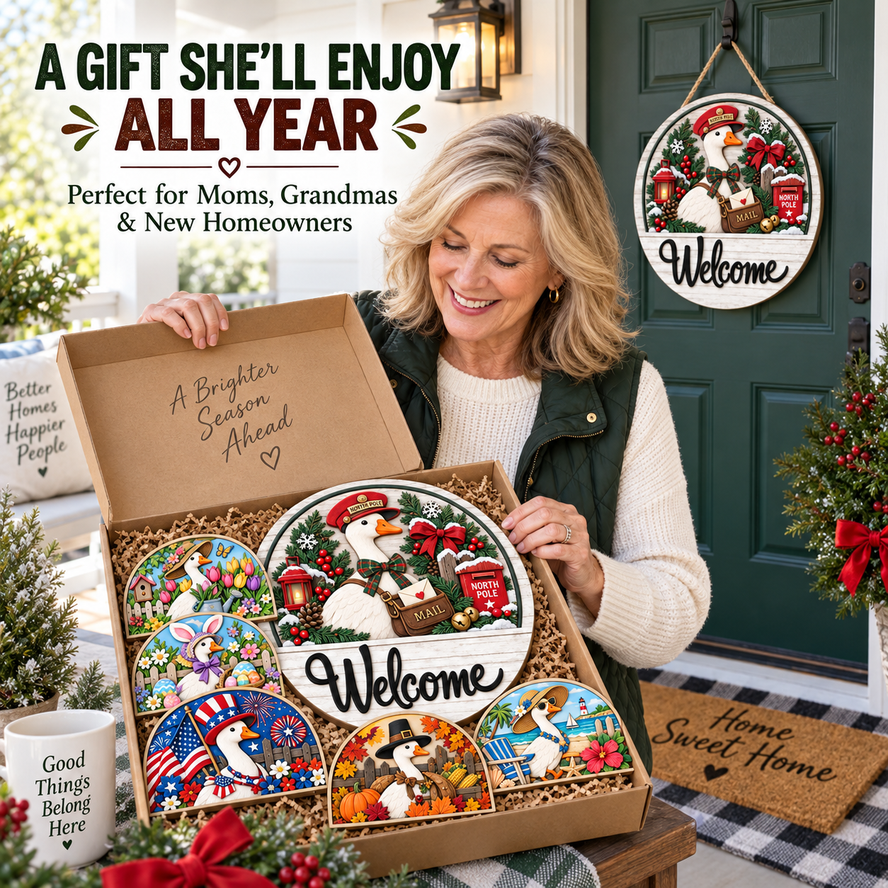 Interchangeable Seasonal Goose Welcome Door Sign – 8 Designs for Year-Round Porch Décor