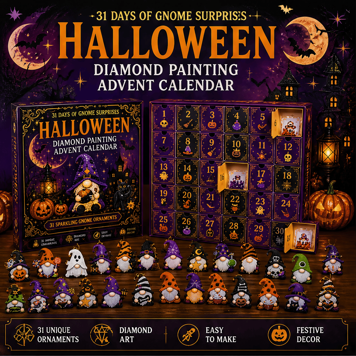 🔥VÝPREDAJ 50% ZĽAVA - 🎃✨ Adventný kalendár s diamantovou maľbou 31 dní trpasličích prekvapení na Halloween