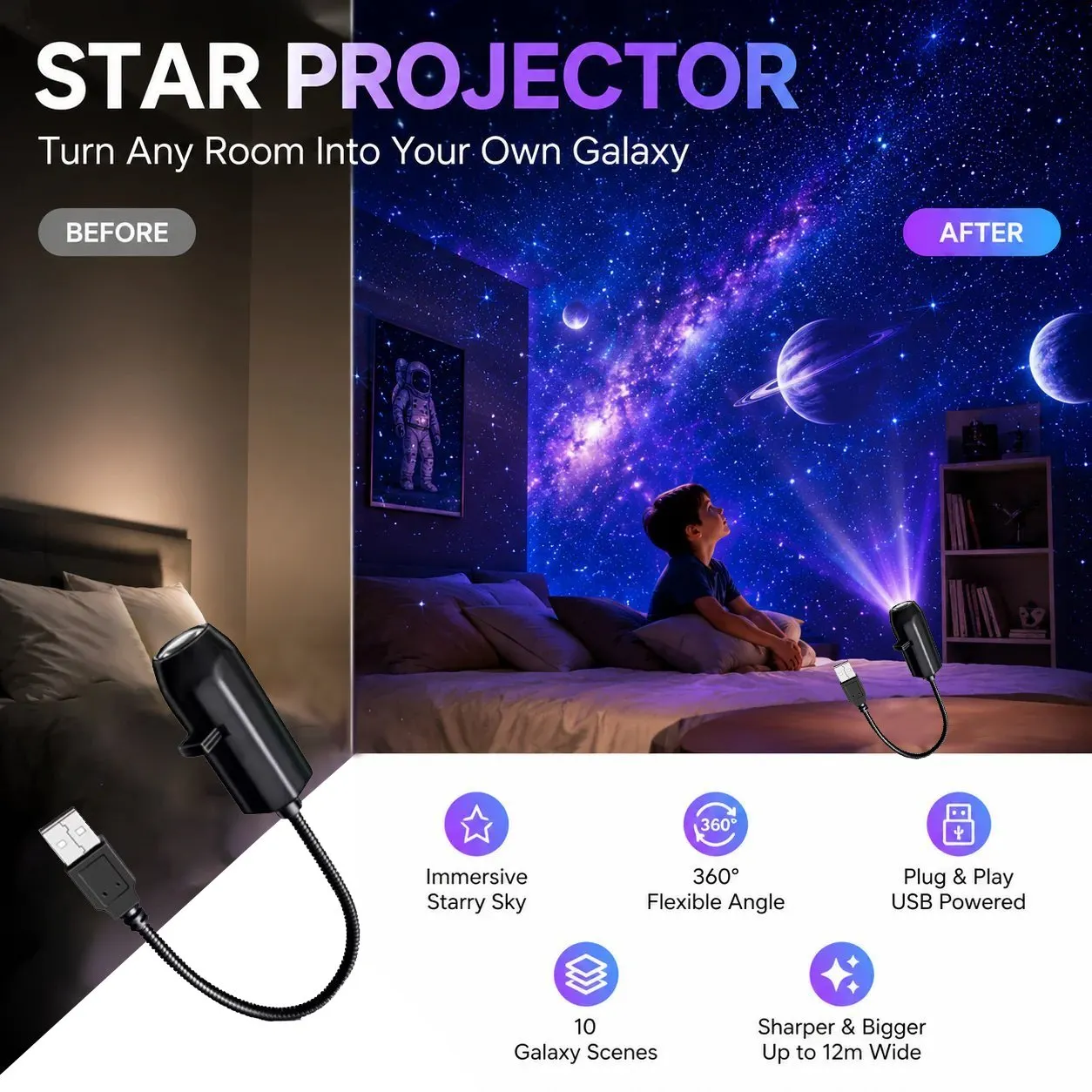 ✨ HD projektor hviezdnej oblohy typu „plug-and-play“