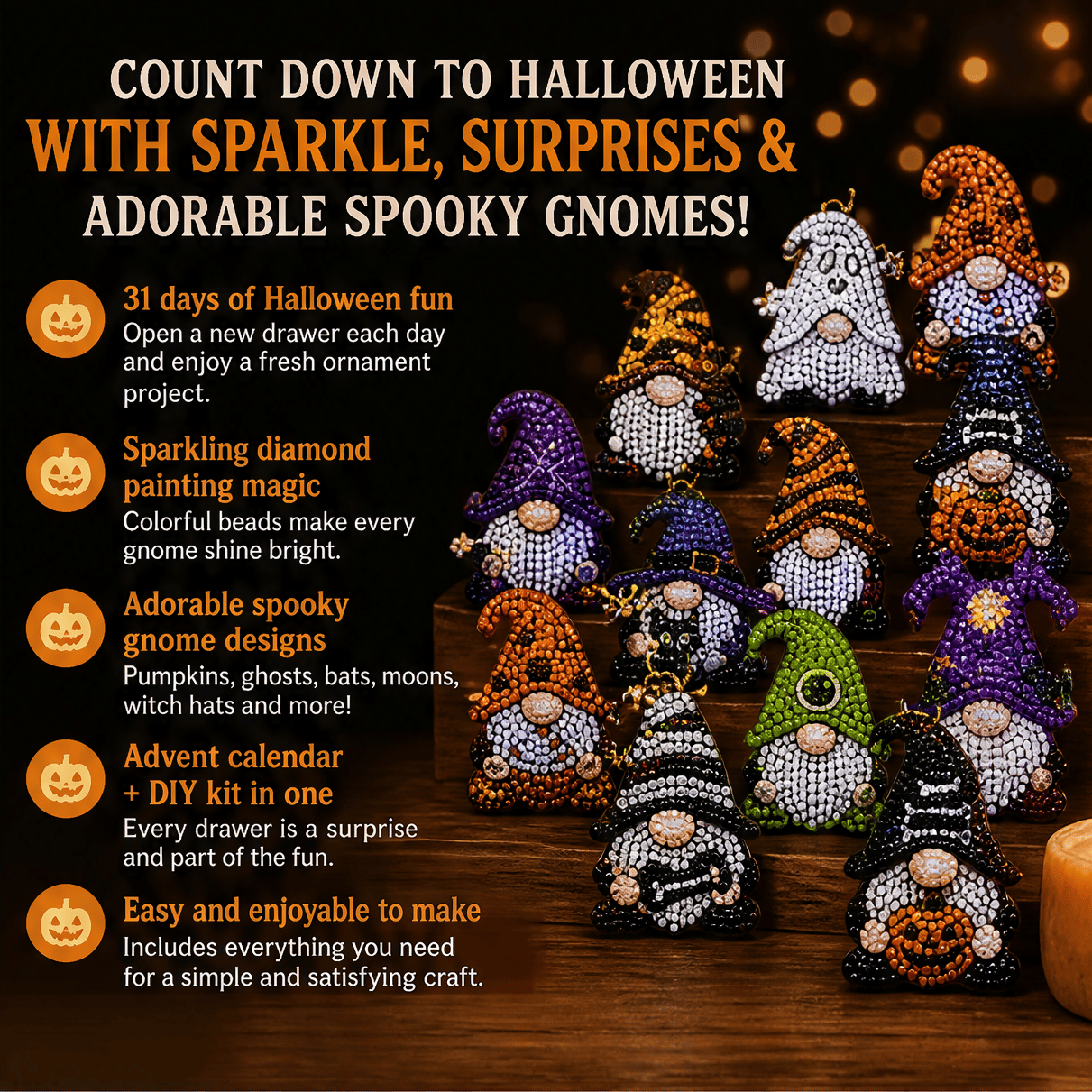 🔥VÝPREDAJ 50% ZĽAVA - 🎃✨ Adventný kalendár s diamantovou maľbou 31 dní trpasličích prekvapení na Halloween