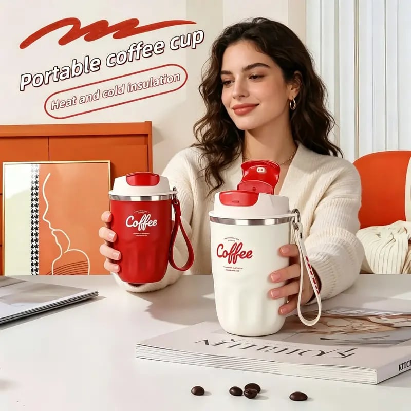 🎁Termoska na kávu, přenosný kelímek na kávu s víčkem a rukojetí, nerezová izolační láhev na vodu pro domácí, kancelářské a venkovní použití, izolované cestovní nádobí na pití, cestovní hrnky na kávu