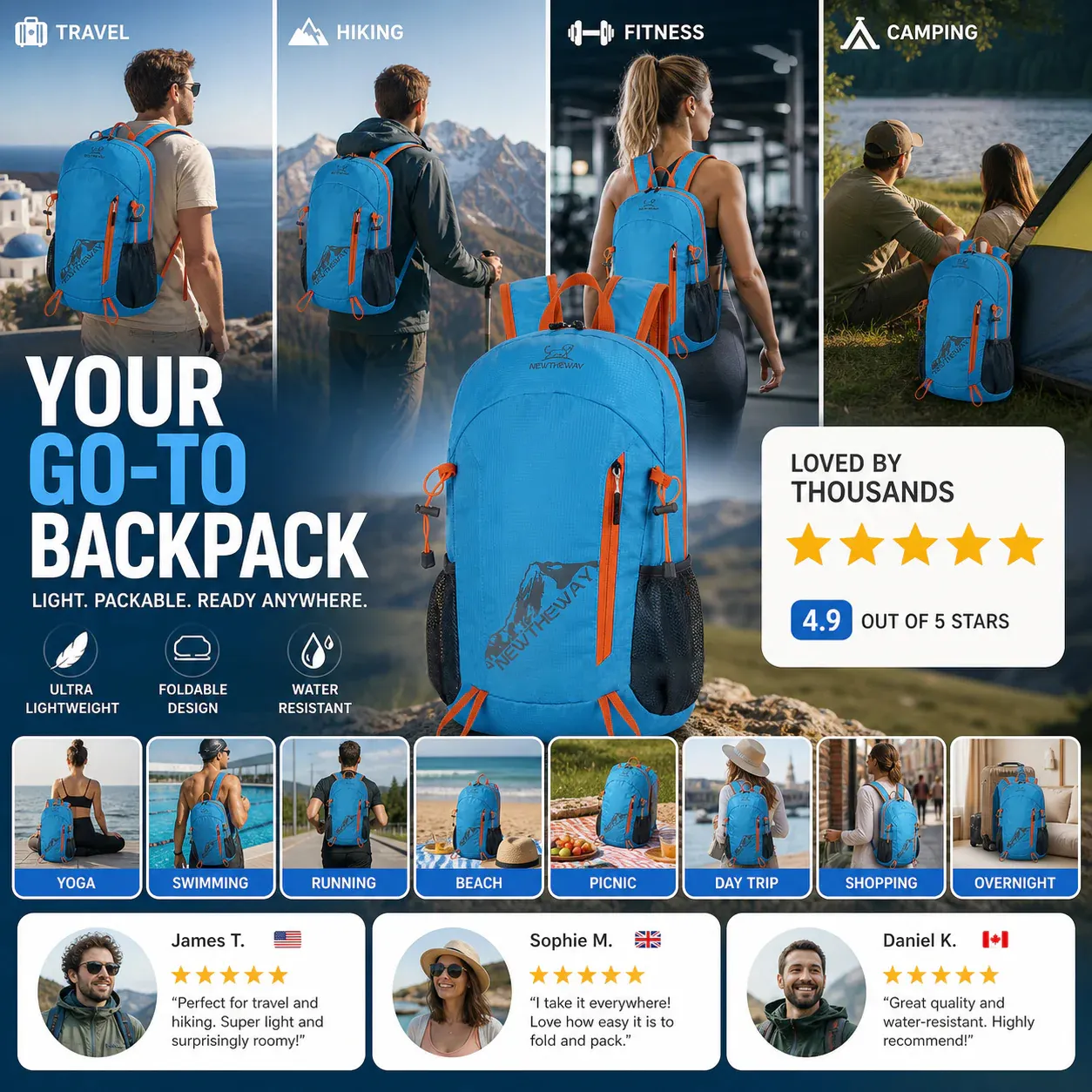 🔥Veľký výpredaj -50%🔥 Ultraľahký, skladací a vodeodolný turistický batoh - ideálny na turistiku, cestovanie a kempovanie🎒