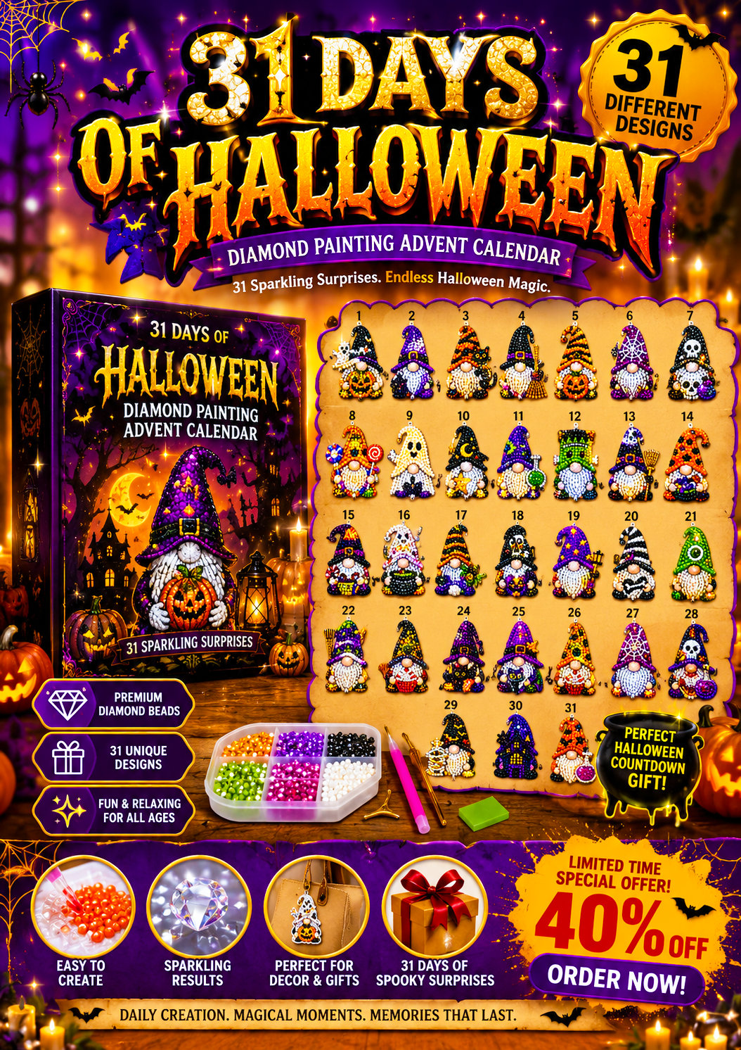 🔥VÝPREDAJ 50% ZĽAVA - 🎃✨ Adventný kalendár s diamantovou maľbou 31 dní trpasličích prekvapení na Halloween