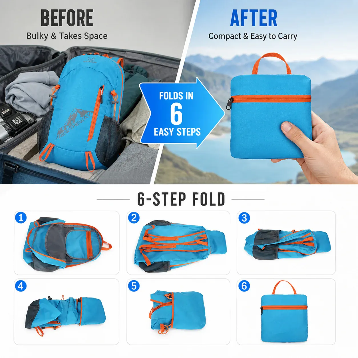🔥Veľký výpredaj -50%🔥 Ultraľahký, skladací a vodeodolný turistický batoh - ideálny na turistiku, cestovanie a kempovanie🎒