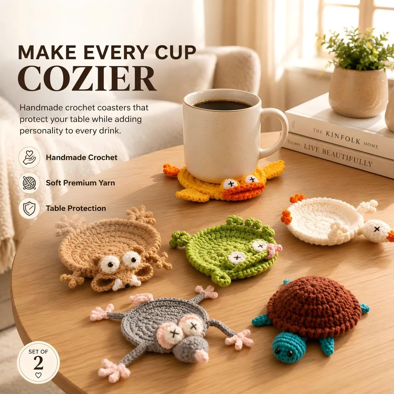✨Cute Hand-Crocheted Animal Coaster – Absorbent Desk & Table Protector🐾