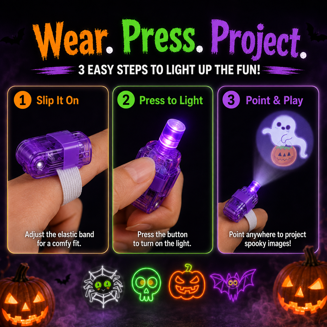 Three step instructions for Halloween finger projector rings