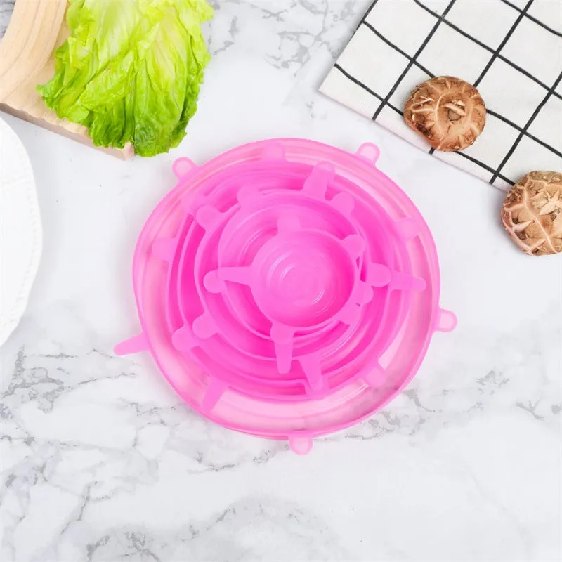 Univerzálne opakovane použiteľné silikónové viečka – 6 kusov samouzatváracích viečok na potraviny pre rôzne veľkosti nádob