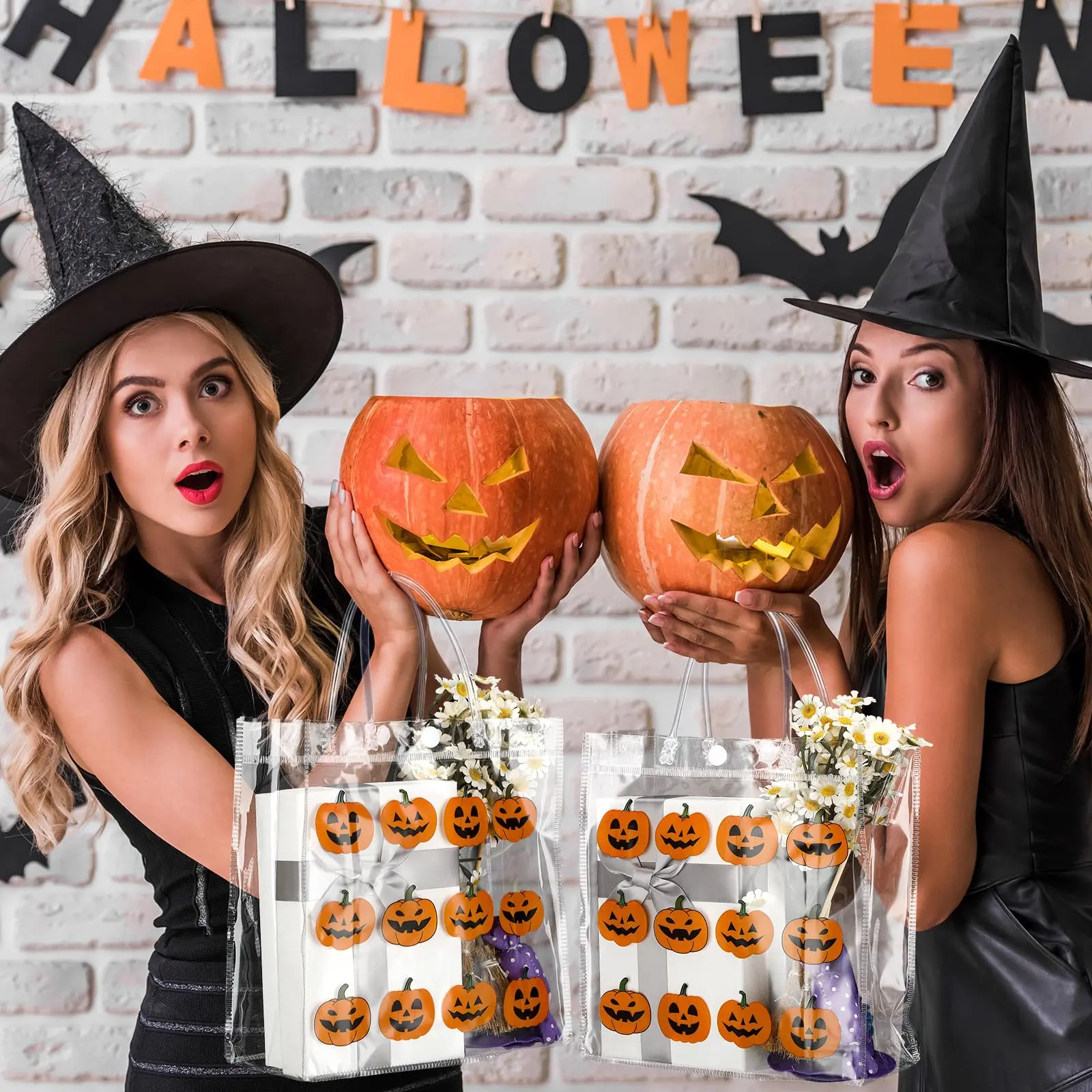 12/24 Pcs Halloween Candy Bags with Handles PVC Treat Bags Bulk Pumpkin Ghost Black Cat Halloween Fall Pattern for Kids Adults Neighbors Coworkers Classmates Halloween Party Summerween Birthday Party Thanksgiving Dinner Autumn Harvest Party Favors
