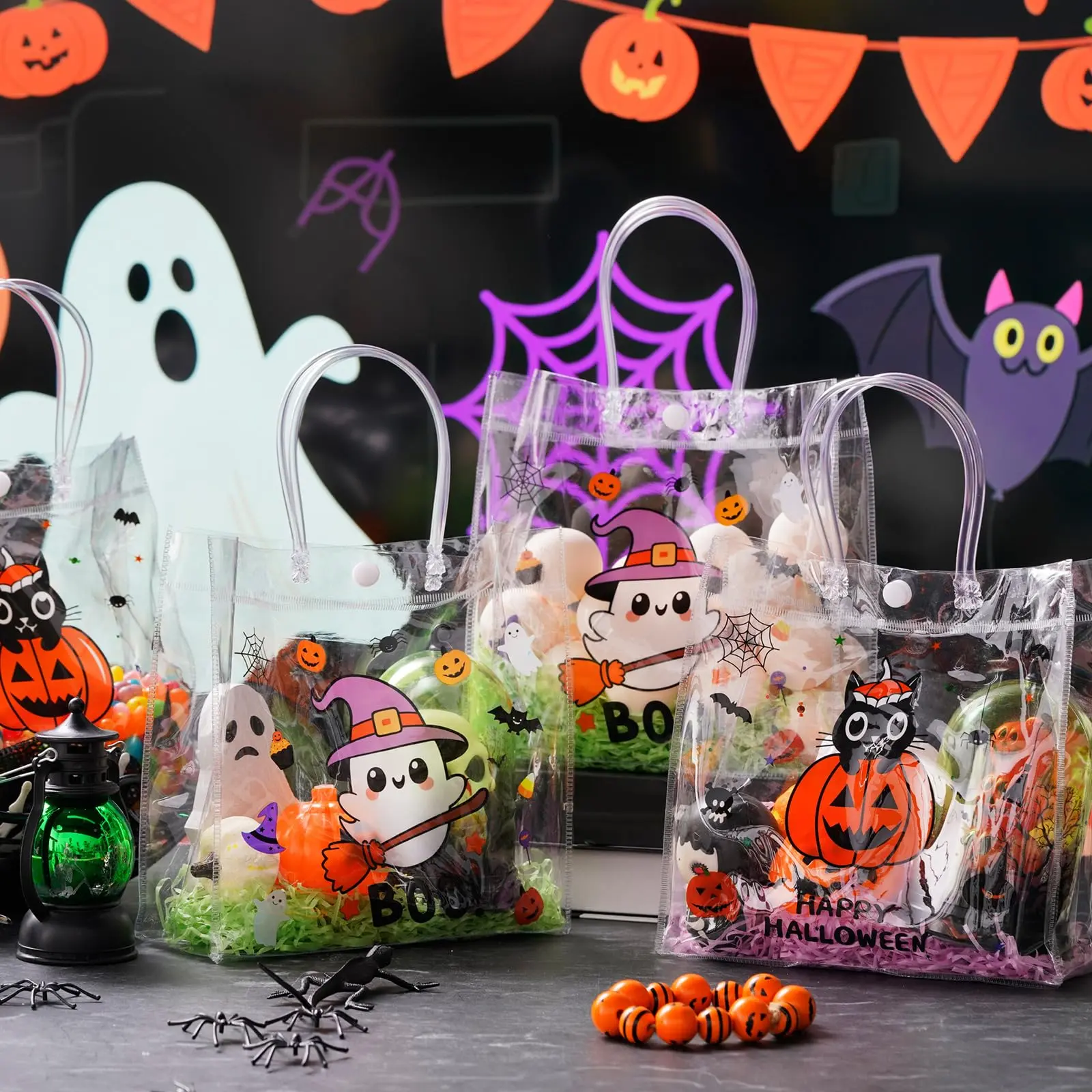 12/24 Pcs Halloween Candy Bags with Handles PVC Treat Bags Bulk Pumpkin Ghost Black Cat Halloween Fall Pattern for Kids Adults Neighbors Coworkers Classmates Halloween Party Summerween Birthday Party Thanksgiving Dinner Autumn Harvest Party Favors