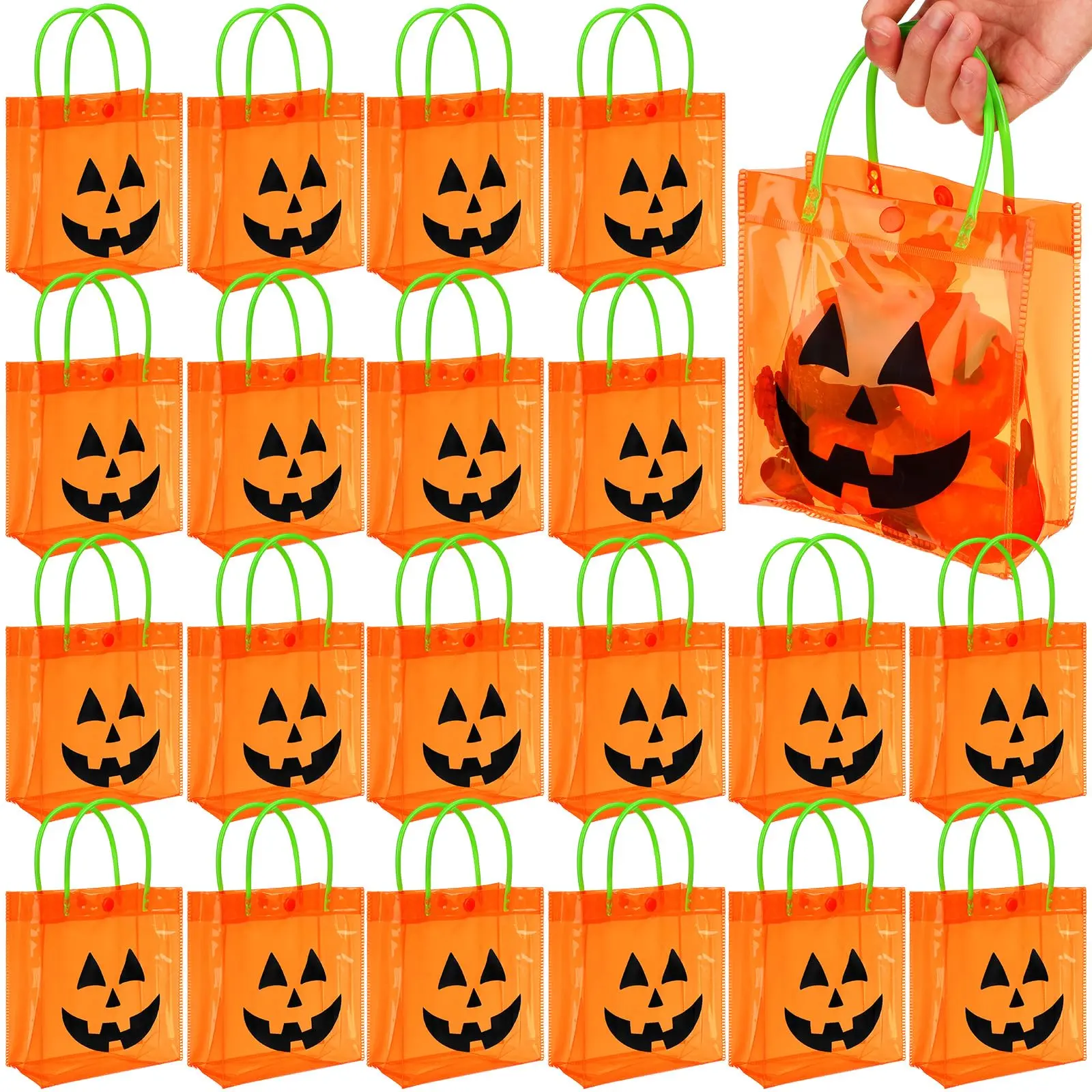 12/24 Pcs Halloween Candy Bags with Handles PVC Treat Bags Bulk Pumpkin Ghost Black Cat Halloween Fall Pattern for Kids Adults Neighbors Coworkers Classmates Halloween Party Summerween Birthday Party Thanksgiving Dinner Autumn Harvest Party Favors