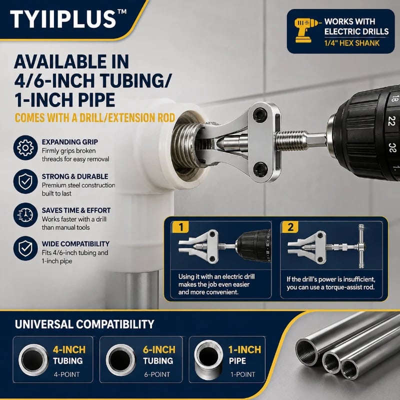Drill-Powered Broken Pipe Thread Extractor – Universal 1/2", 3/4" & 1" Broken Pipe Nipple Remover Tool