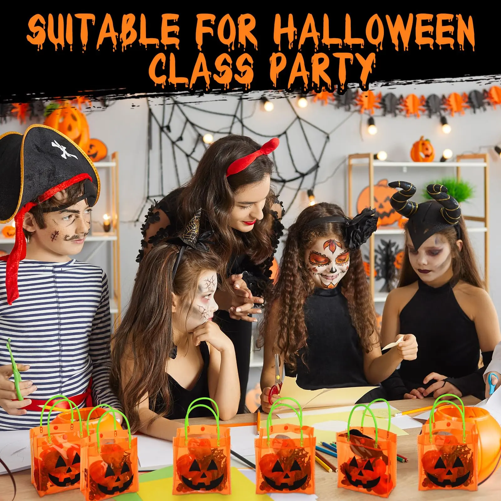 12/24 Pcs Halloween Candy Bags with Handles PVC Treat Bags Bulk Pumpkin Ghost Black Cat Halloween Fall Pattern for Kids Adults Neighbors Coworkers Classmates Halloween Party Summerween Birthday Party Thanksgiving Dinner Autumn Harvest Party Favors