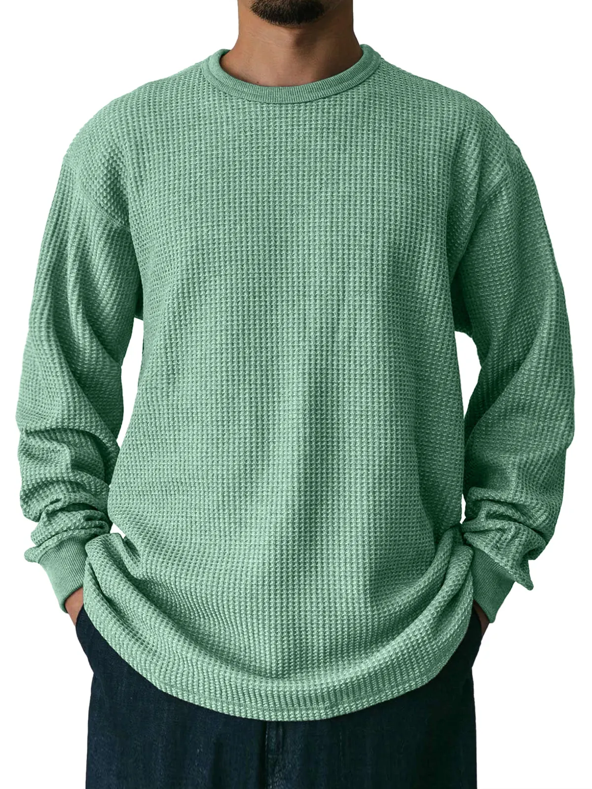 Men's Waffle Round Neck Casual Solid Color Long Sleeve T-Shirt