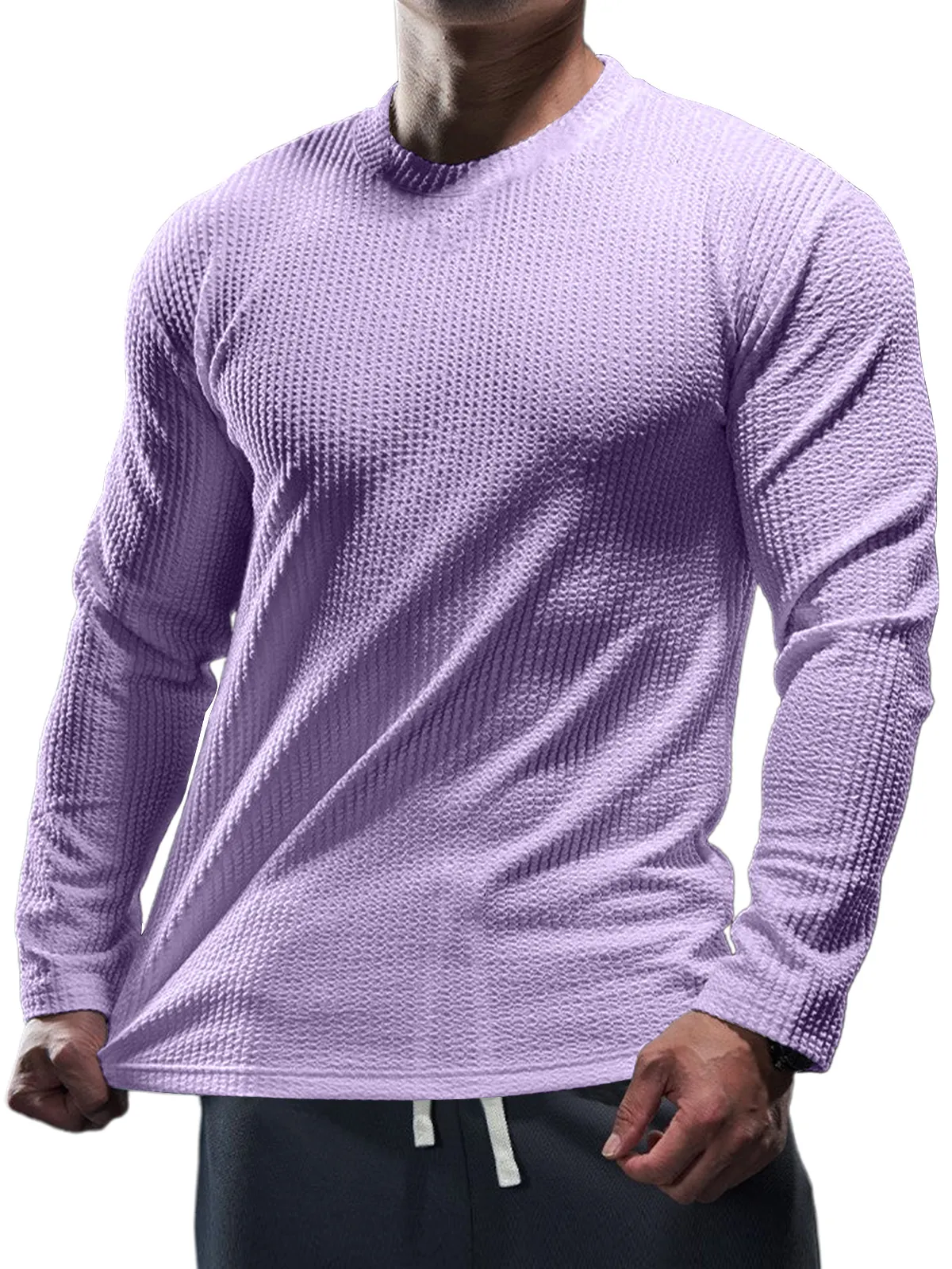 Men's Casual Round Neck Vertical Stripe Solid Color Long-sleeved T-shirt