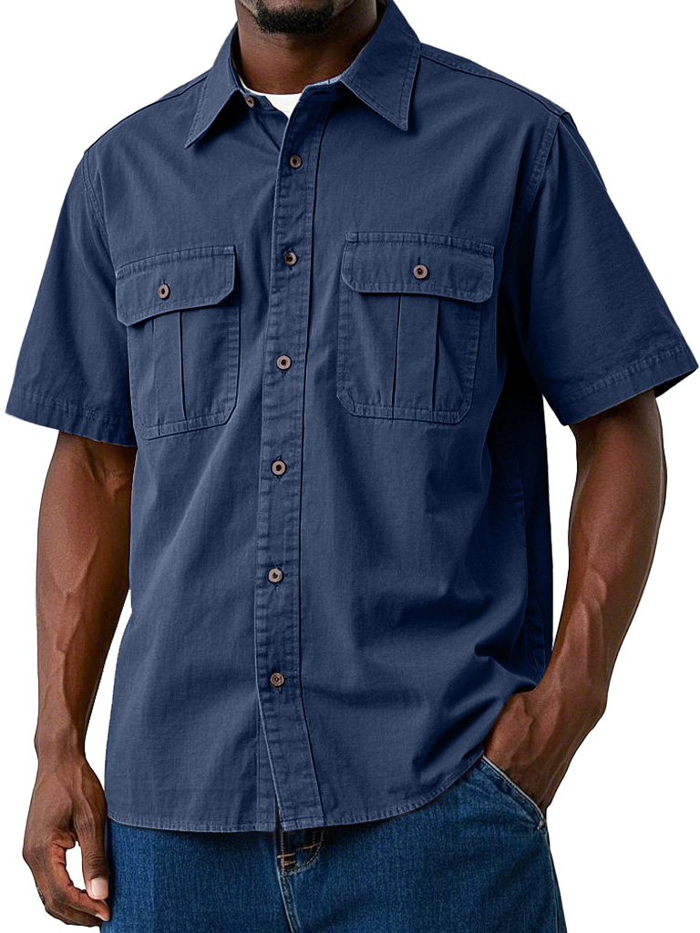 Men's Casual Workwear Double Pocket Solid Color Short-sleeved Shirt