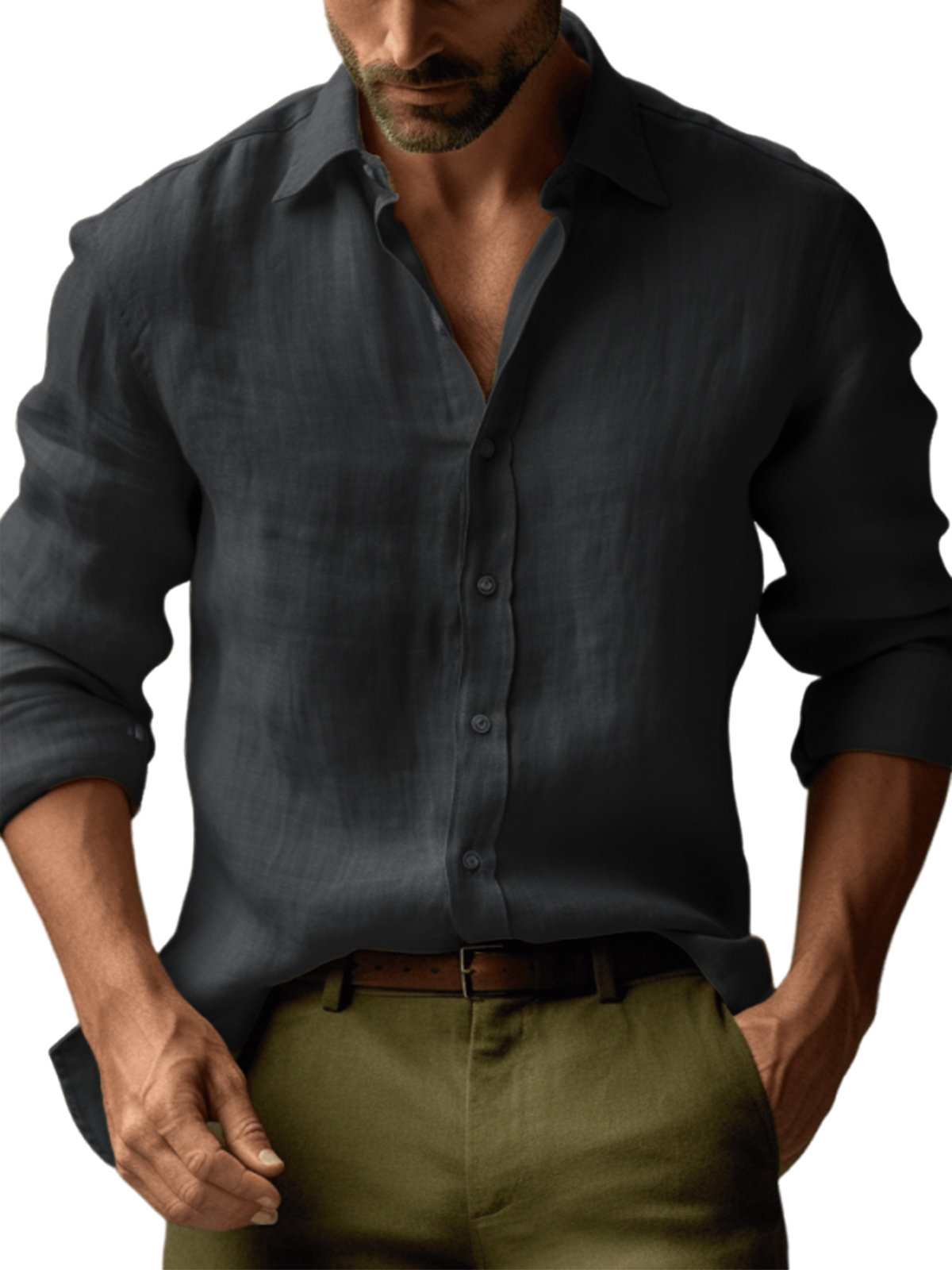 Men's Casual Linen Solid Color Long Sleeve Basic Daily Lapel Shirt
