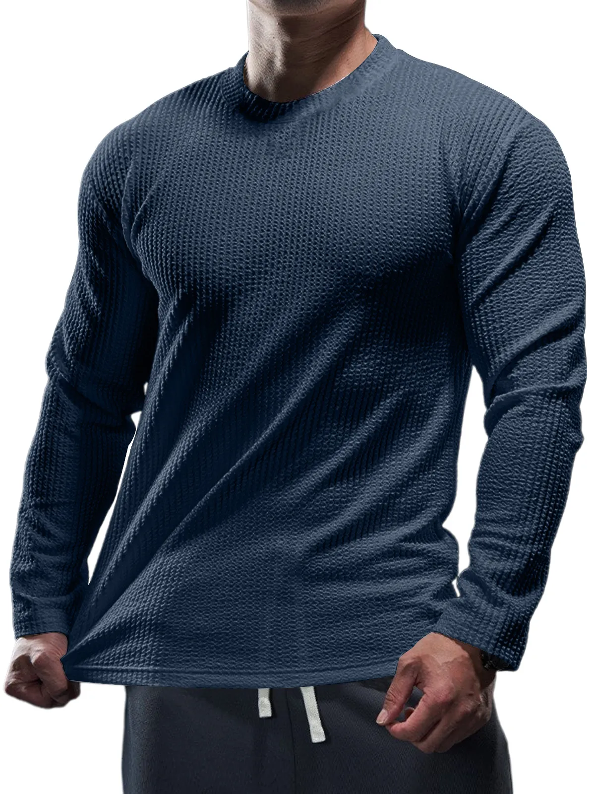 Men's Casual Round Neck Vertical Stripe Solid Color Long-sleeved T-shirt