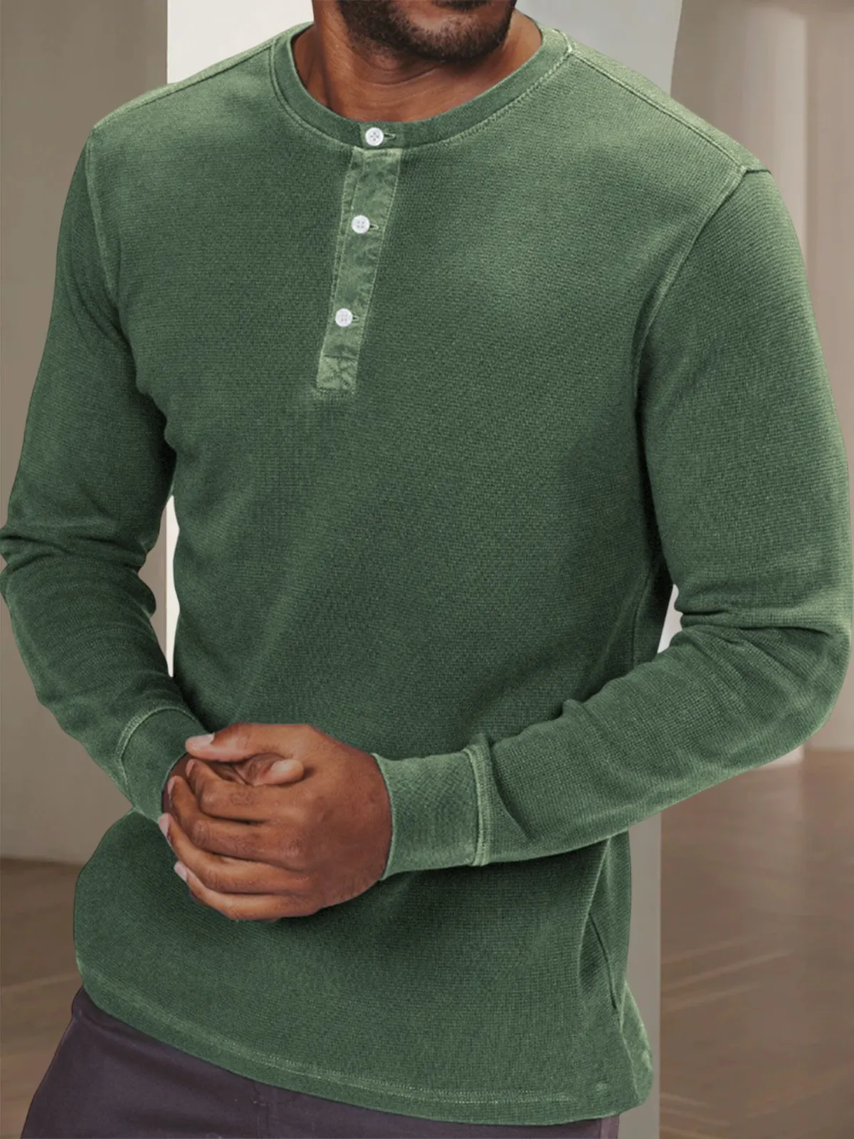 Men's Waffle Retro Dyed Distressed Trendy Casual Long Sleeve Henley Shirt Top