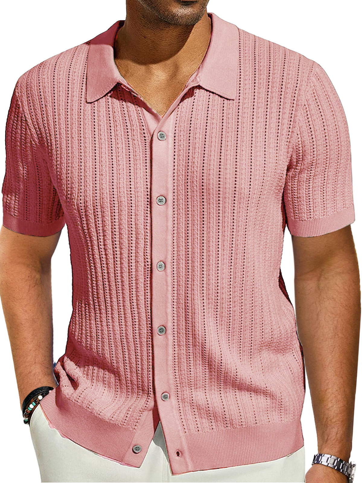 Men's Casual Solid Color Cool Knitted Short-sleeved Shirt