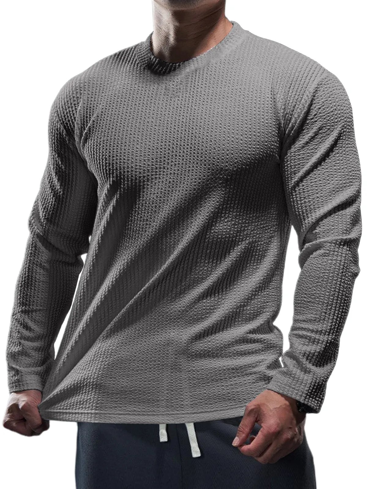 Men's Casual Round Neck Vertical Stripe Solid Color Long-sleeved T-shirt