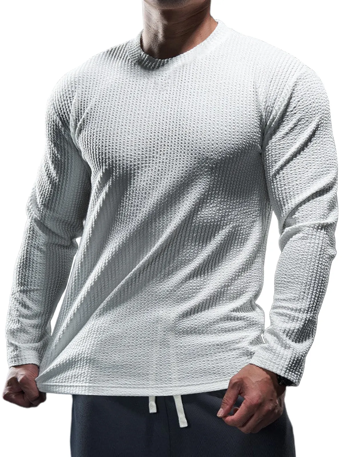 Men's Casual Round Neck Vertical Stripe Solid Color Long-sleeved T-shirt