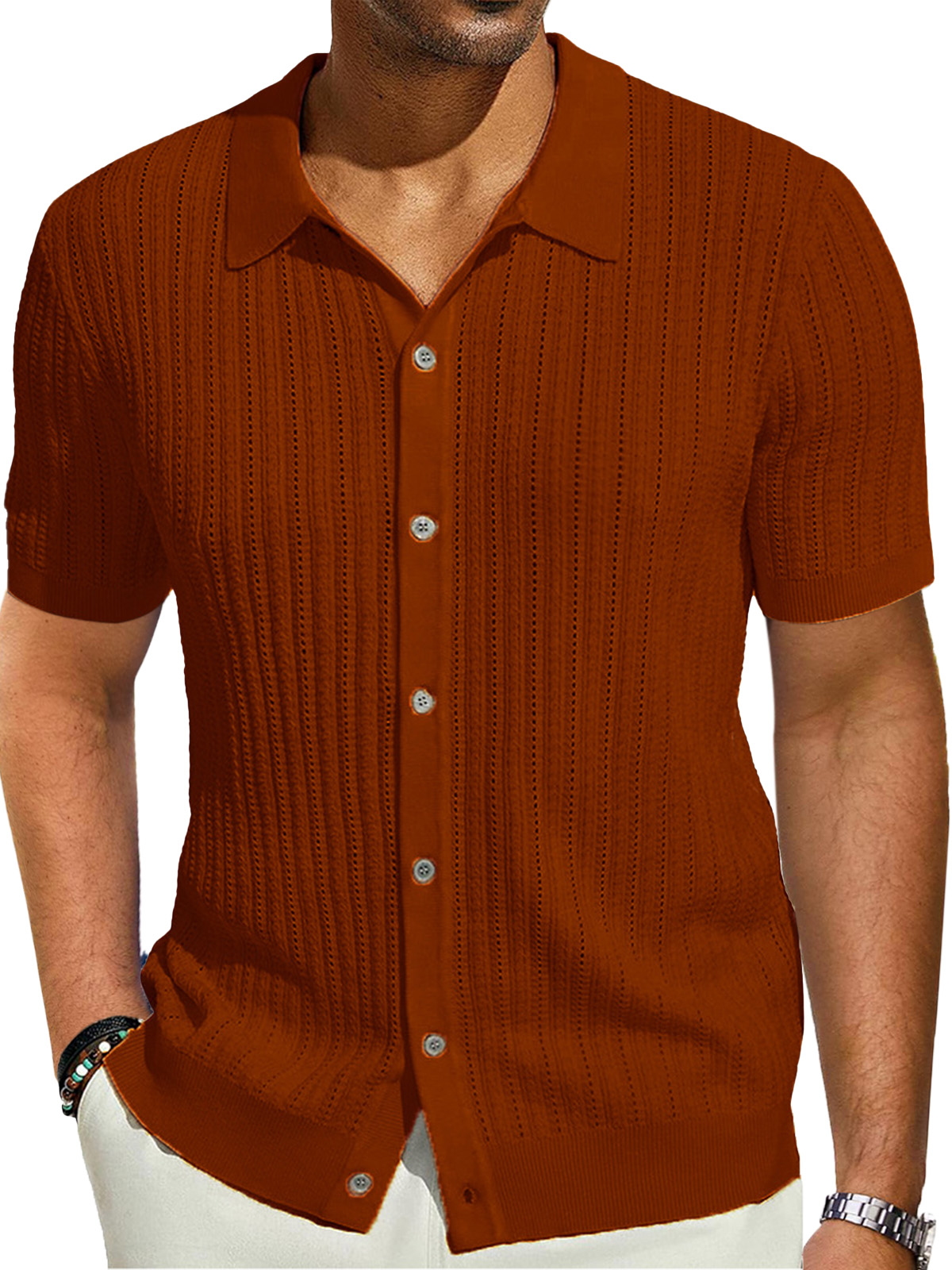 Men's Casual Solid Color Cool Knitted Short-sleeved Shirt