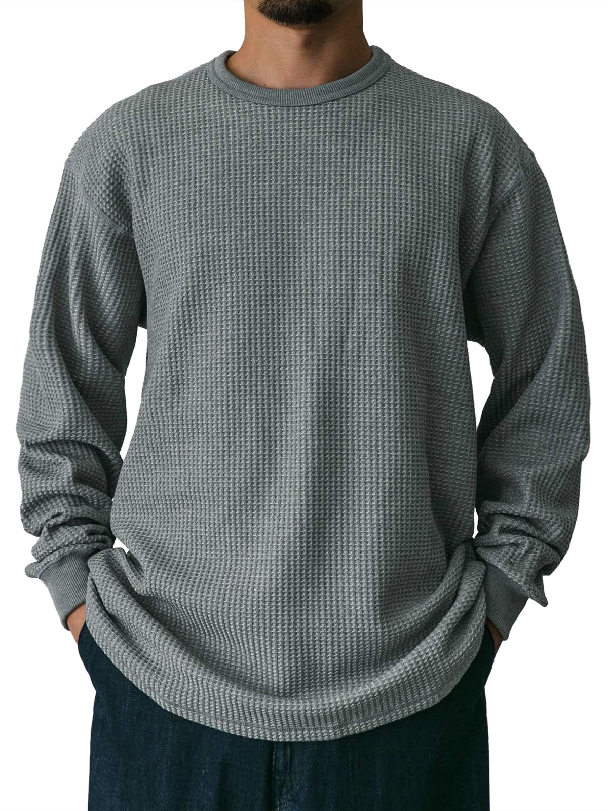 Men's Waffle Round Neck Casual Solid Color Long Sleeve T-Shirt