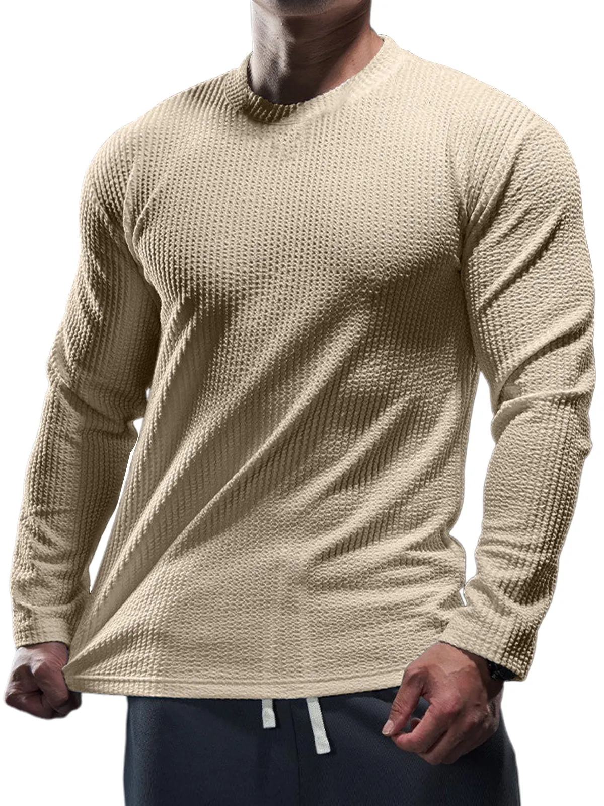 Men's Casual Round Neck Vertical Stripe Solid Color Long-sleeved T-shirt