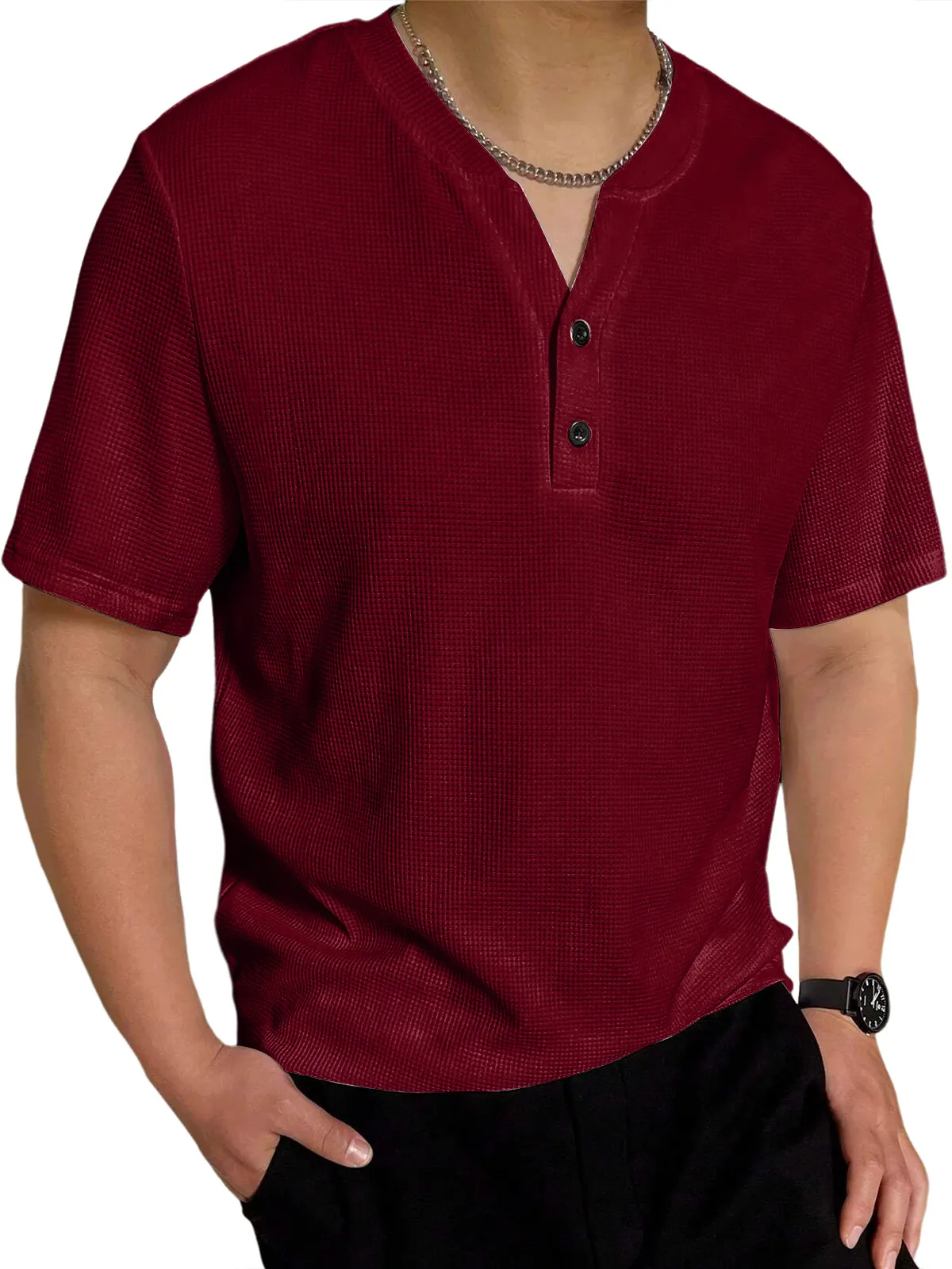 Men's waffle V-neck casual solid color two-button short-sleeved henley shirt
