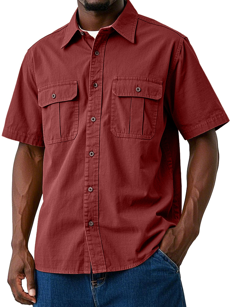 Men's Casual Workwear Double Pocket Solid Color Short-sleeved Shirt