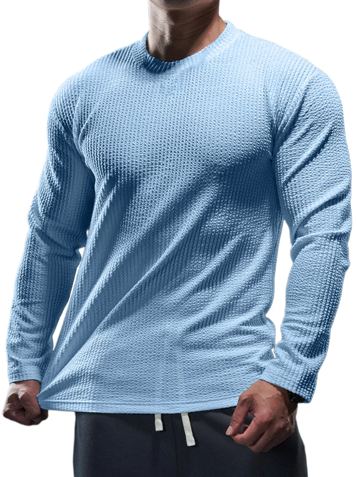Men's Casual Round Neck Vertical Stripe Solid Color Long-sleeved T-shirt