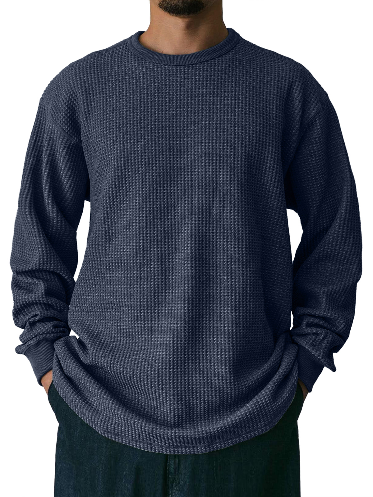 Men's Waffle Round Neck Casual Solid Color Long Sleeve T-Shirt