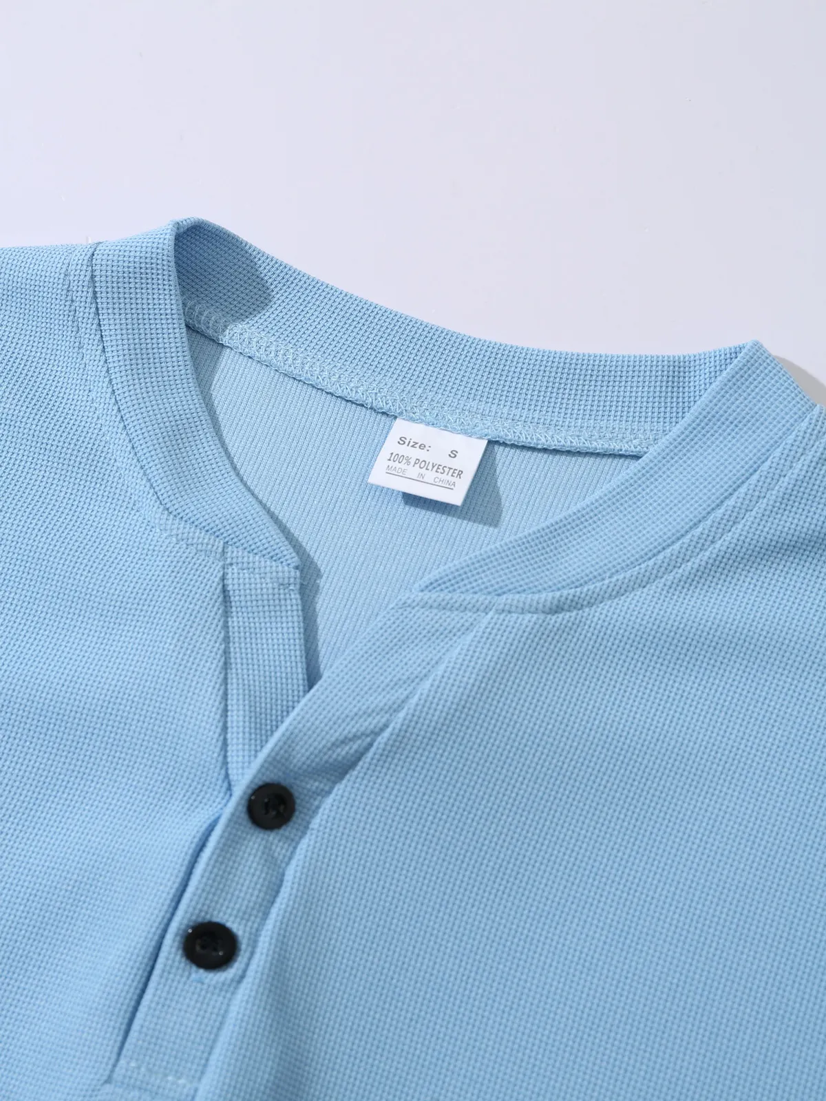 Men's waffle V-neck casual solid color two-button short-sleeved henley shirt