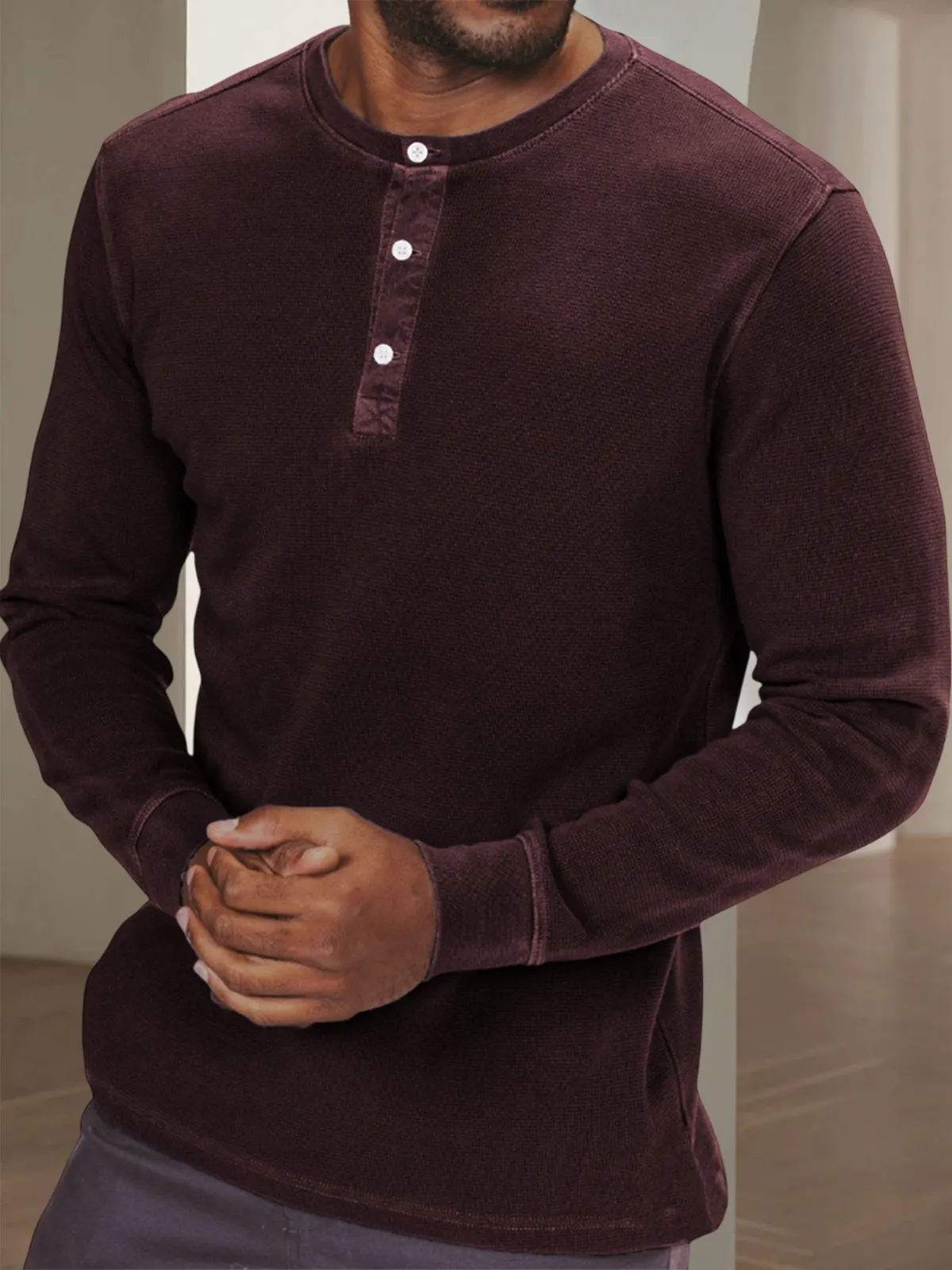 Men's Waffle Retro Dyed Distressed Trendy Casual Long Sleeve Henley Shirt Top
