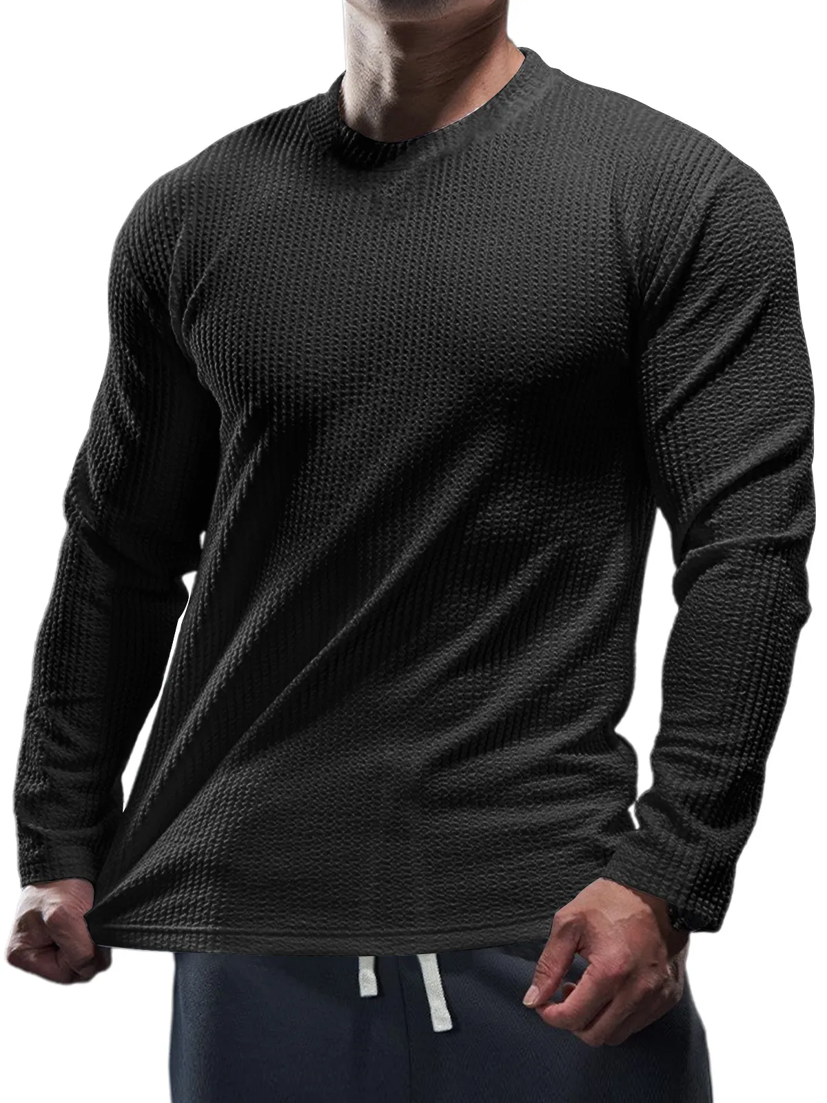 Men's Casual Round Neck Vertical Stripe Solid Color Long-sleeved T-shirt