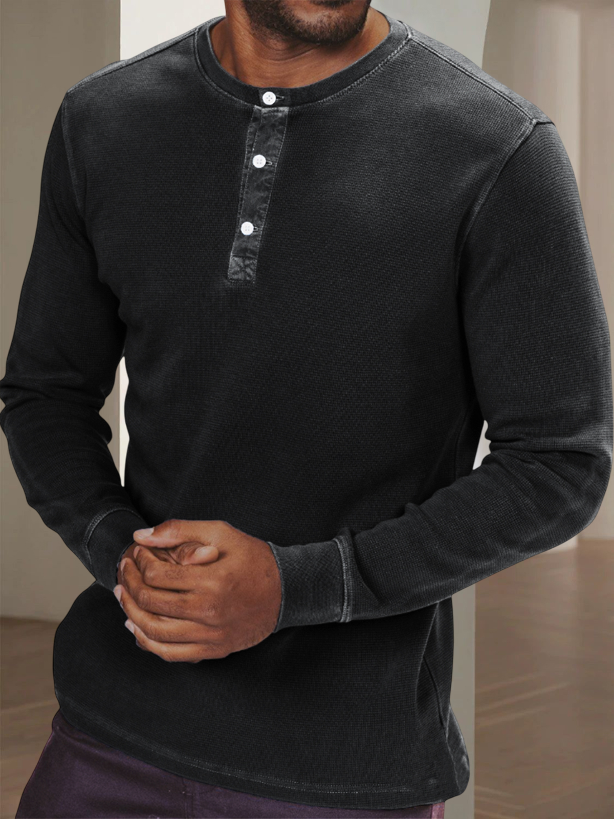 Men's Waffle Retro Dyed Distressed Trendy Casual Long Sleeve Henley Shirt Top