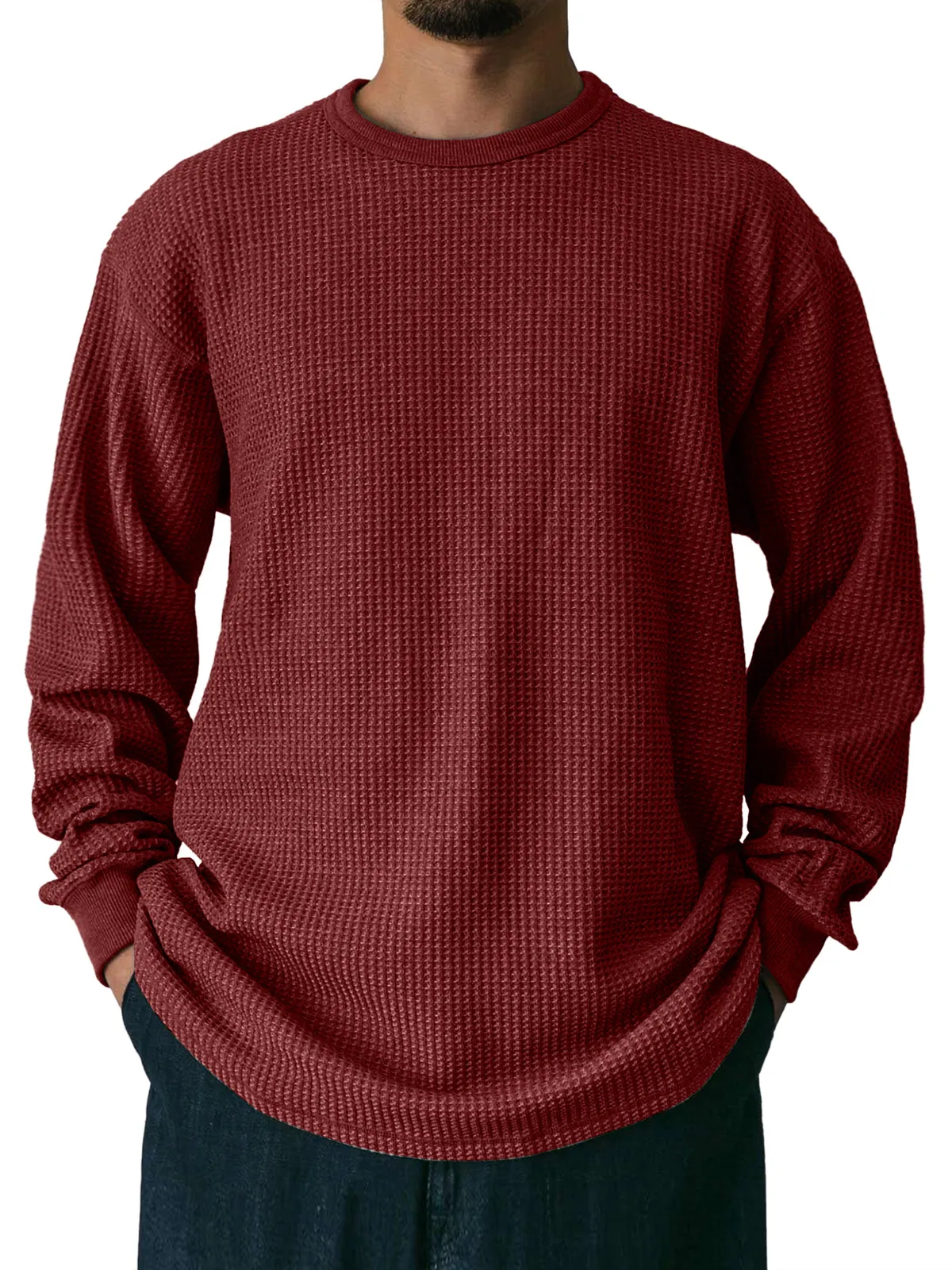 Men's Waffle Round Neck Casual Solid Color Long Sleeve T-Shirt